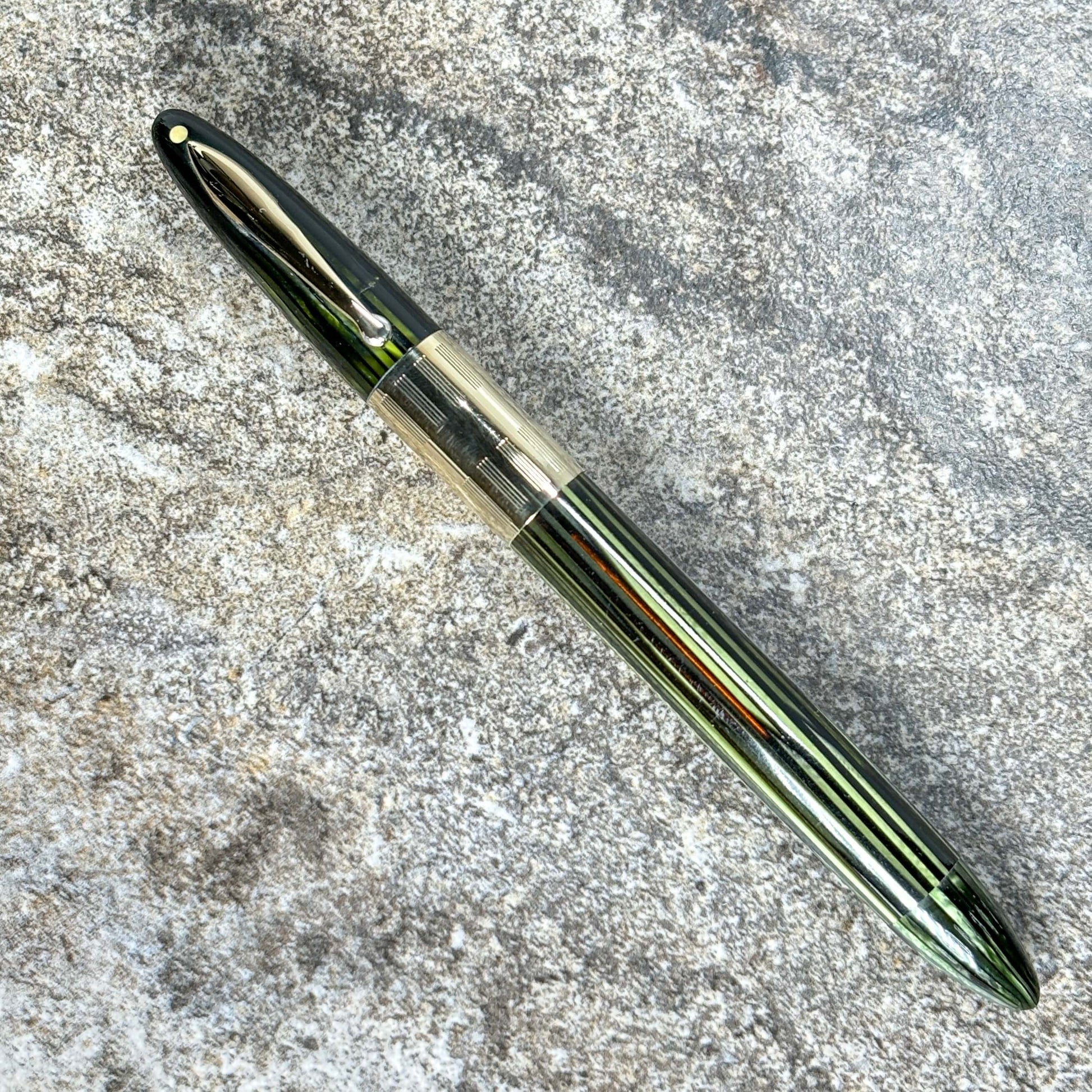 1940s Sheaffer Triumph Vacuum-fil, Extra-wide cap Band, Marine Green with gold filled trim. Fine/Medium Two-tone Nib  Ozark Pen Shop   