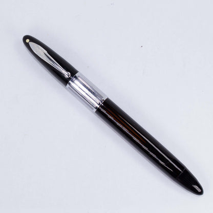 Sheaffer Triumph Vacuum-Fil Plunger Filler, "Reverse Trim" Extra Wide Cap Band, Uncommon black with Chrome Plated Trim, Fine 14K Two Tone Triumph Nib; Restored Vintage Vac-Fil Fountain Pen Ozark Pen Shop   