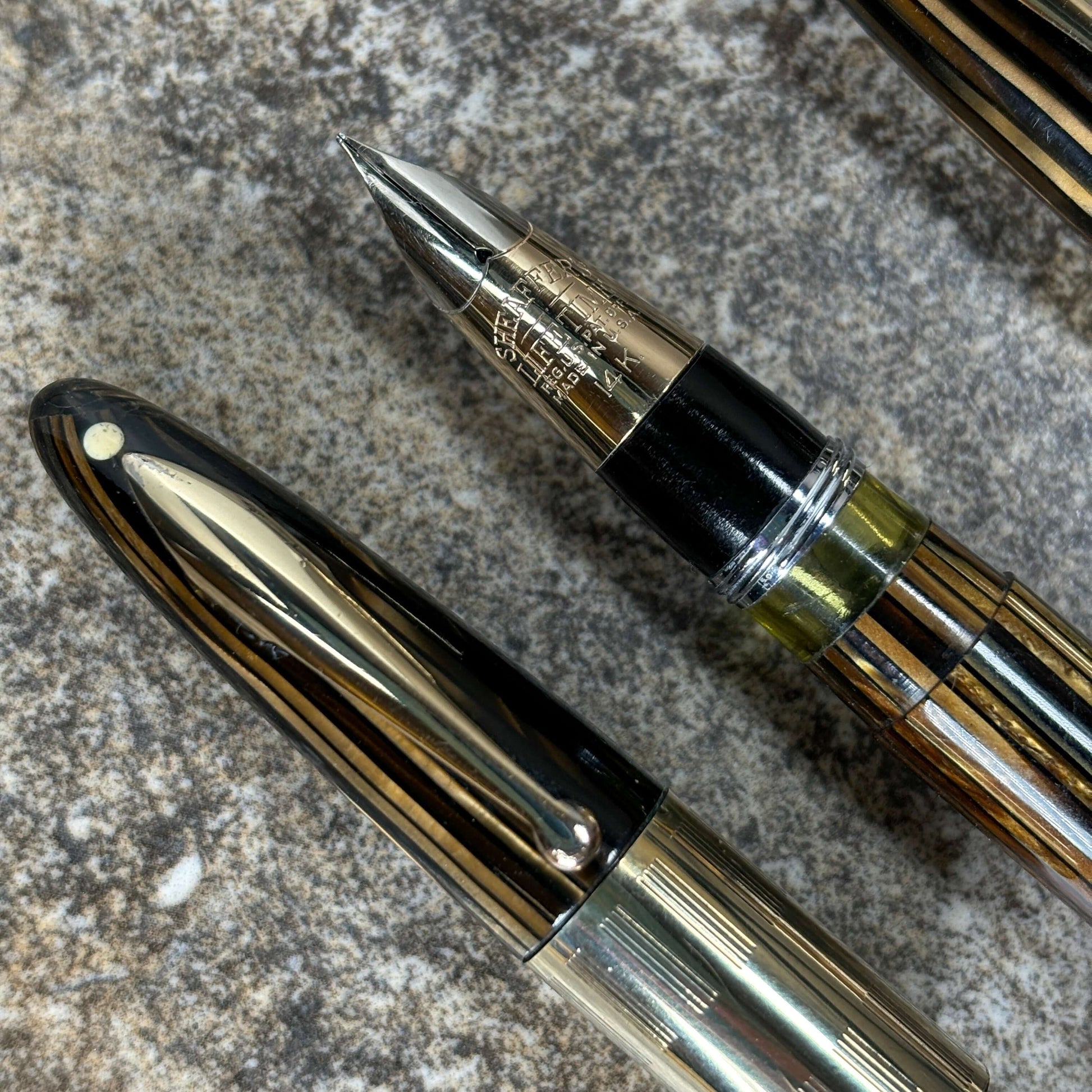 Sheaffer Triumph Lever Fill Pen and Pencil Set, Extra-wide cap Band, Golden Brown with gold filled trim. Fine Two-tone Nib  Ozark Pen Shop   