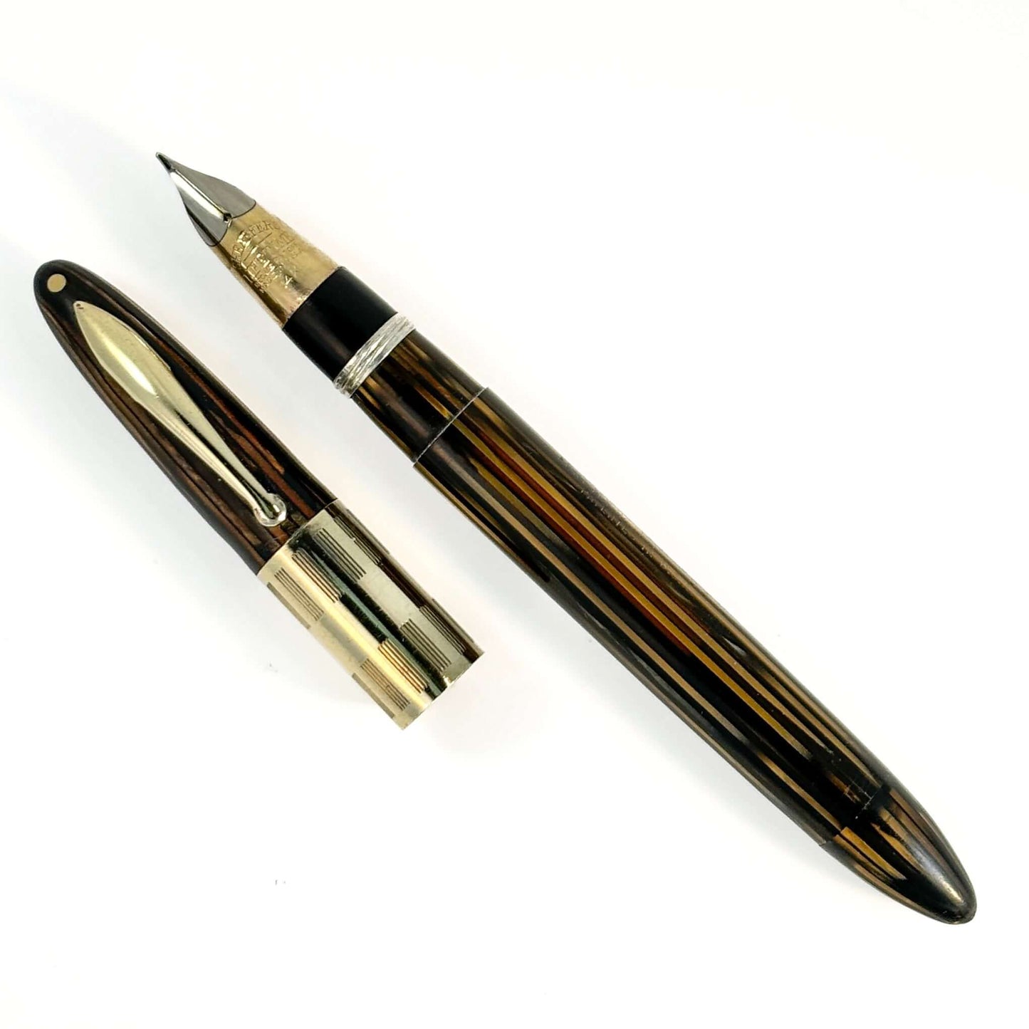 Sheaffer Triumph Vacuum-fil, Golden Brown, Extra-wide cap Band with gold filled trim. Fine Two-tone Nib  Ozark Pen Shop   