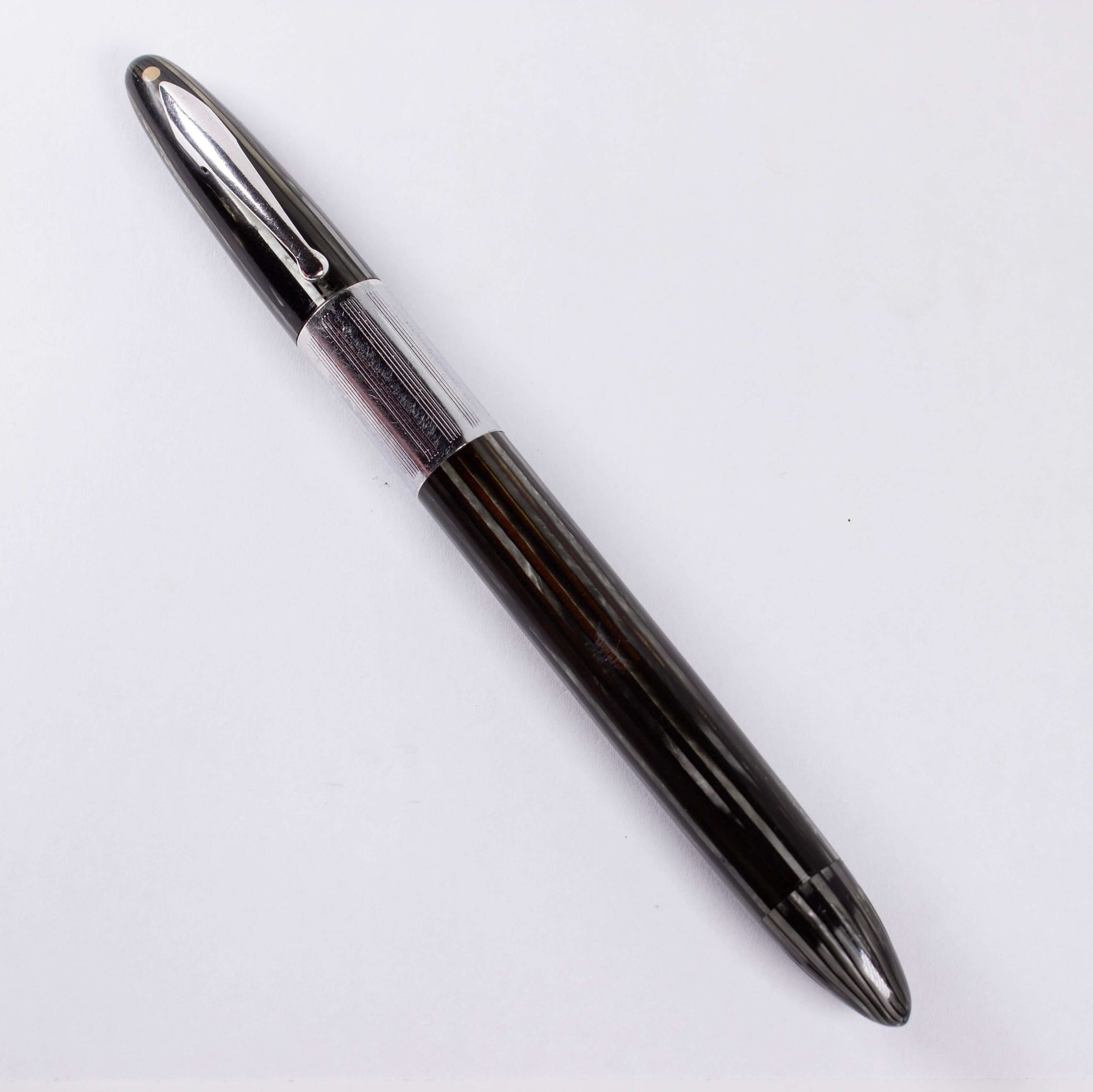 Sheaffer Triumph Vacuum-Fil Plunger Filler, Extra Wide Cap Band. Grey Pearl with chrome plated trim, Medium 14K Two Tone Triumph Nib; Restored Vintage Vac-Fil Fountain Pen Ozark Pen Shop   