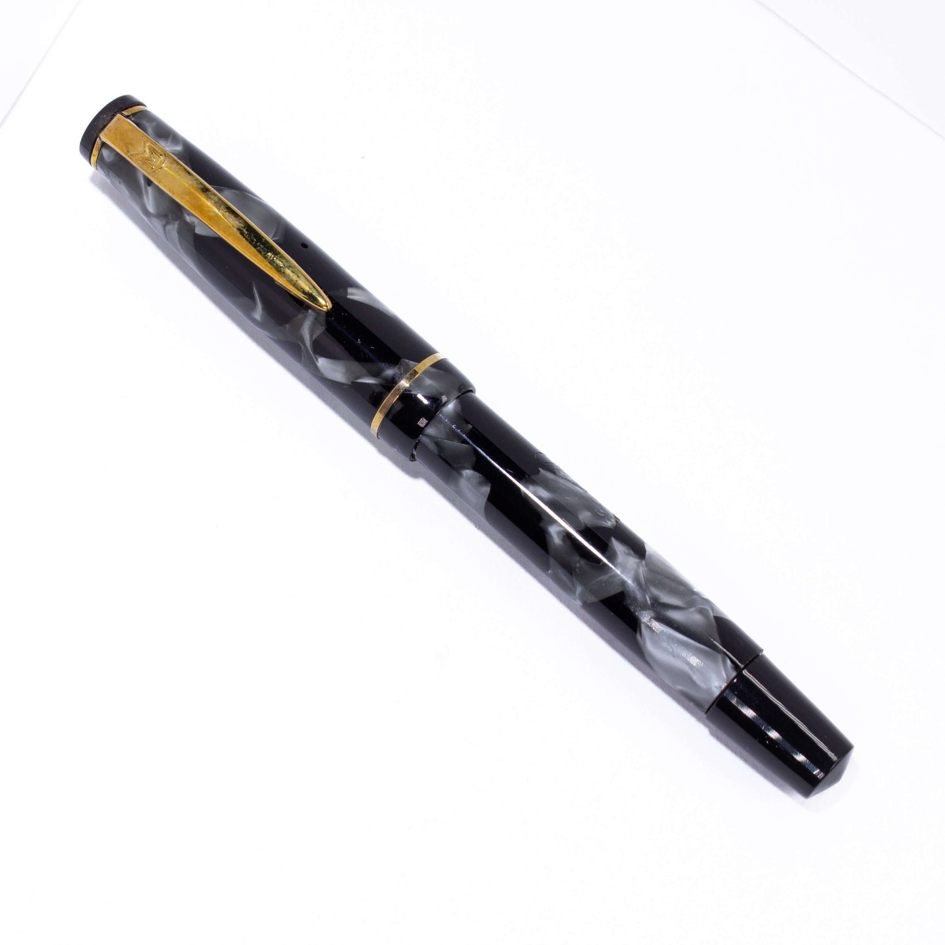 Merlin 33 Fountain Pen, Black and Grey Pearl, Gold Trim 14K Merlin Nib, Flexible, Button Filler with New Sac Installed  Ozark Pen Shop   