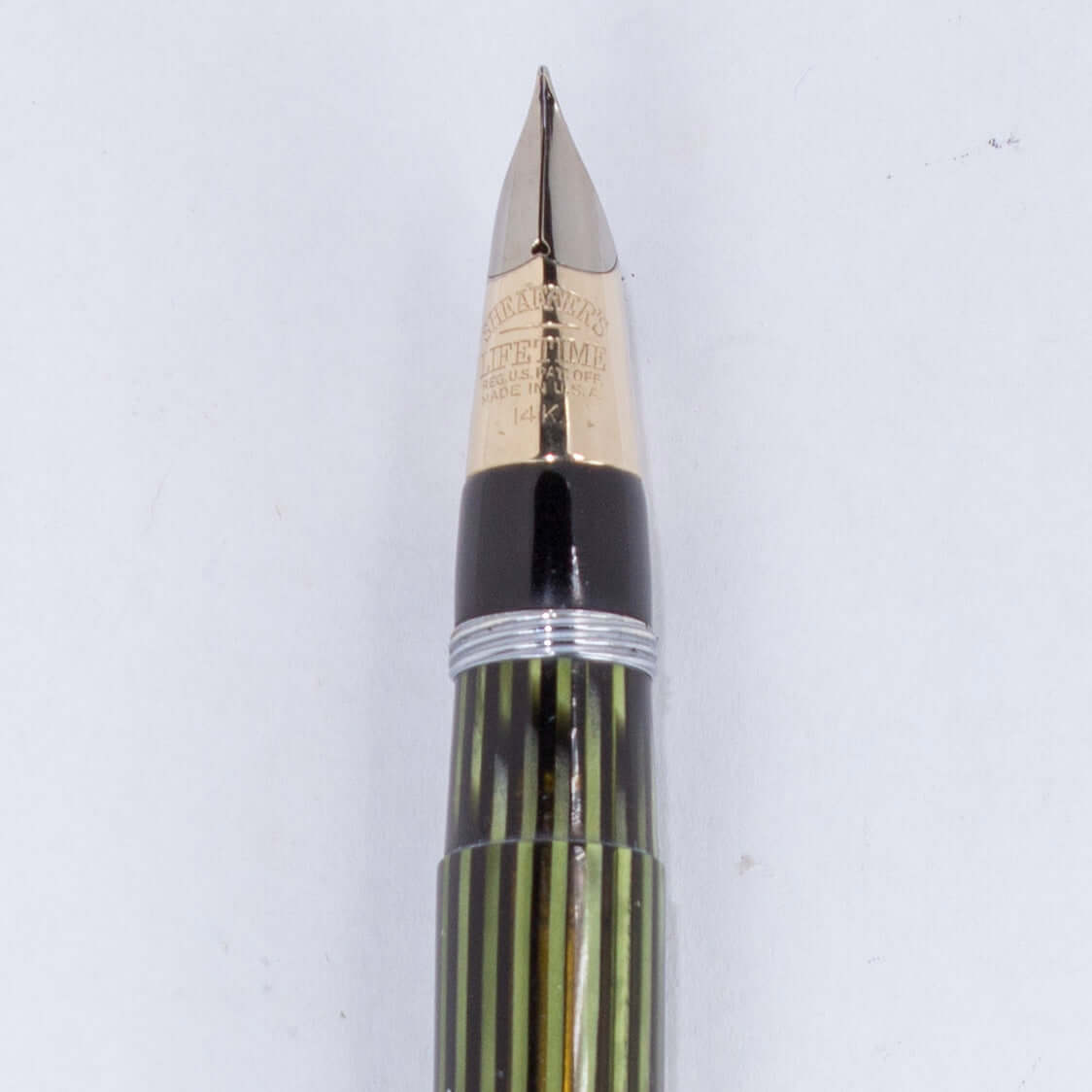 Sheaffer Triumph Vacuum-Fil Plunger Filler, Extra Wide Cap Band. Marine Green with gold fill trim, Medium 14K Two Tone Triumph Nib; Restored Vintage Vac-Fil Fountain Pen Ozark Pen Shop   