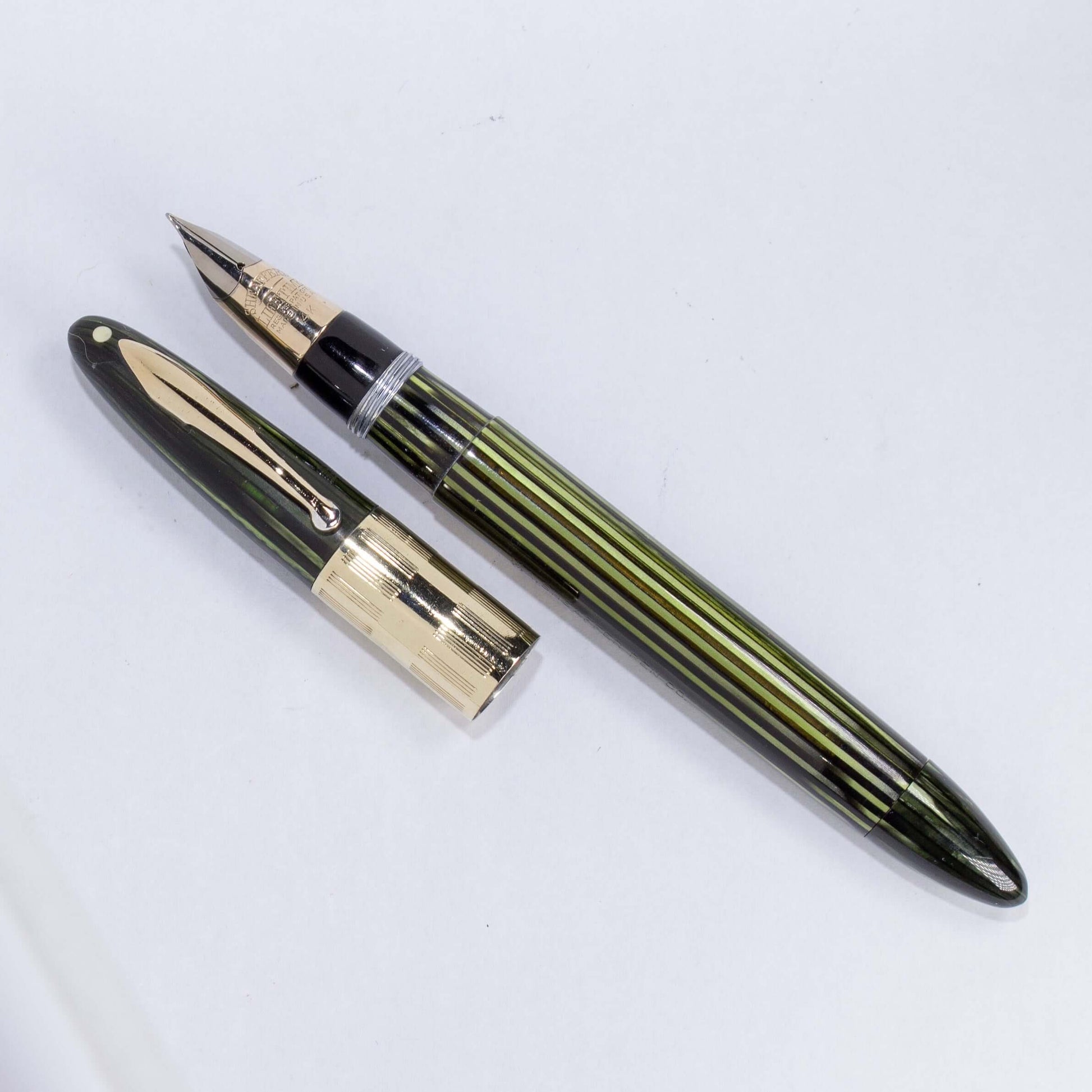 Sheaffer Triumph Vacuum-Fil Plunger Filler, Extra Wide Cap Band. Marine Green with gold fill trim, Medium 14K Two Tone Triumph Nib; Restored Vintage Vac-Fil Fountain Pen Ozark Pen Shop   