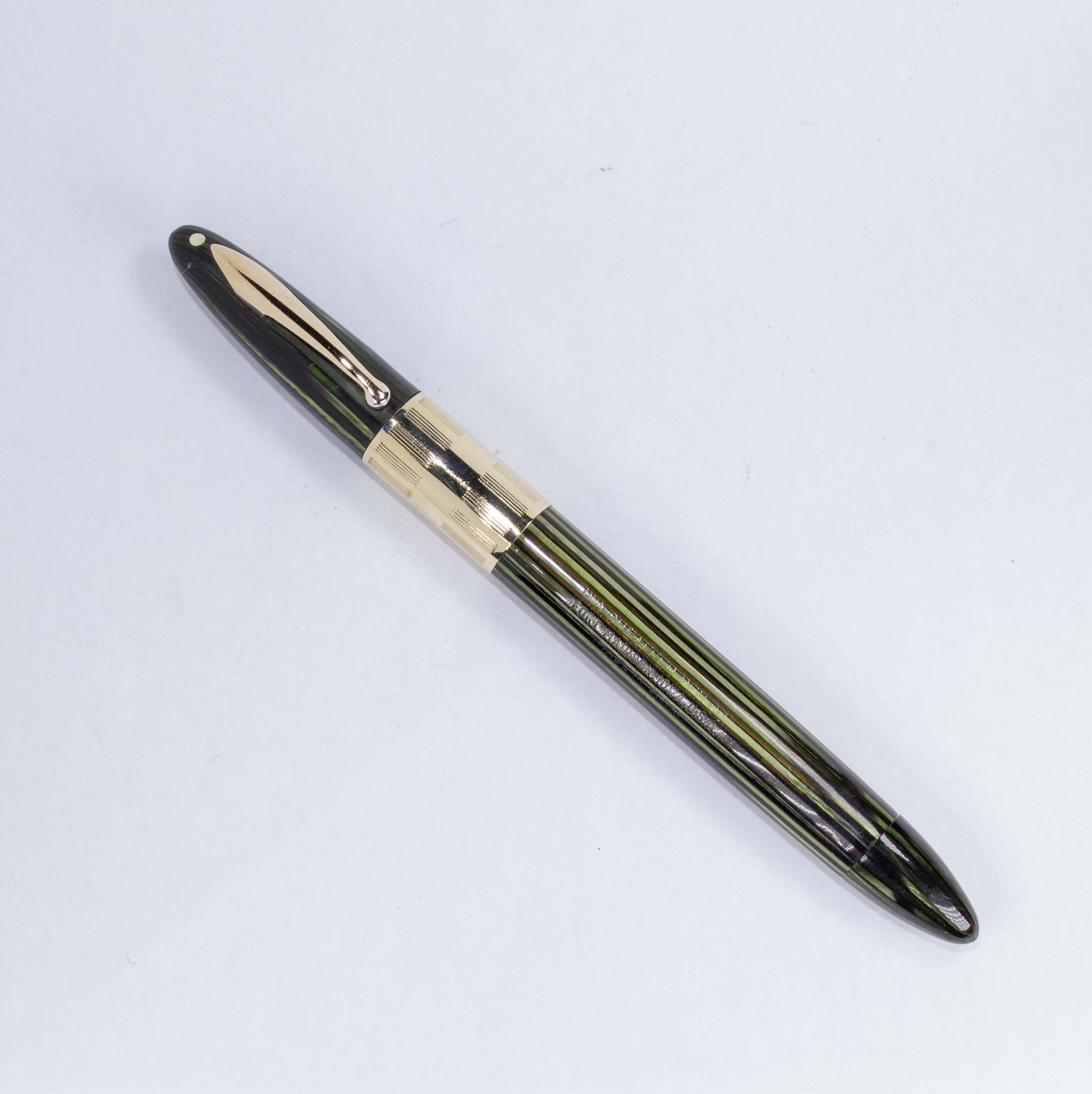 Sheaffer Triumph Vacuum-Fil Plunger Filler, Extra Wide Cap Band. Marine Green with gold fill trim, Medium 14K Two Tone Triumph Nib; Restored Vintage Vac-Fil Fountain Pen Ozark Pen Shop   