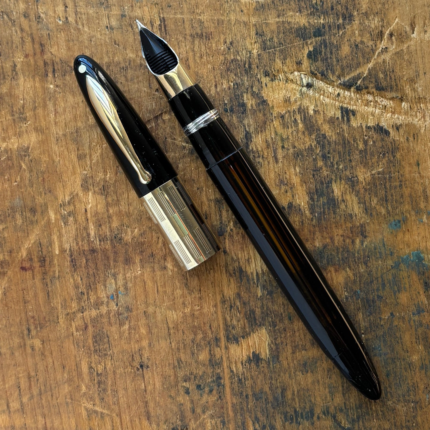 Sheaffer Triumph Vacuum-fil, Black, Extra-wide cap Band, Fine Two-tone Nib