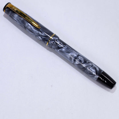 Merlin 33 Fountain Pen, Blue Marble, Gold Trim 14K Merlin Nib, Flexible, Button Filler with New Sac Installed