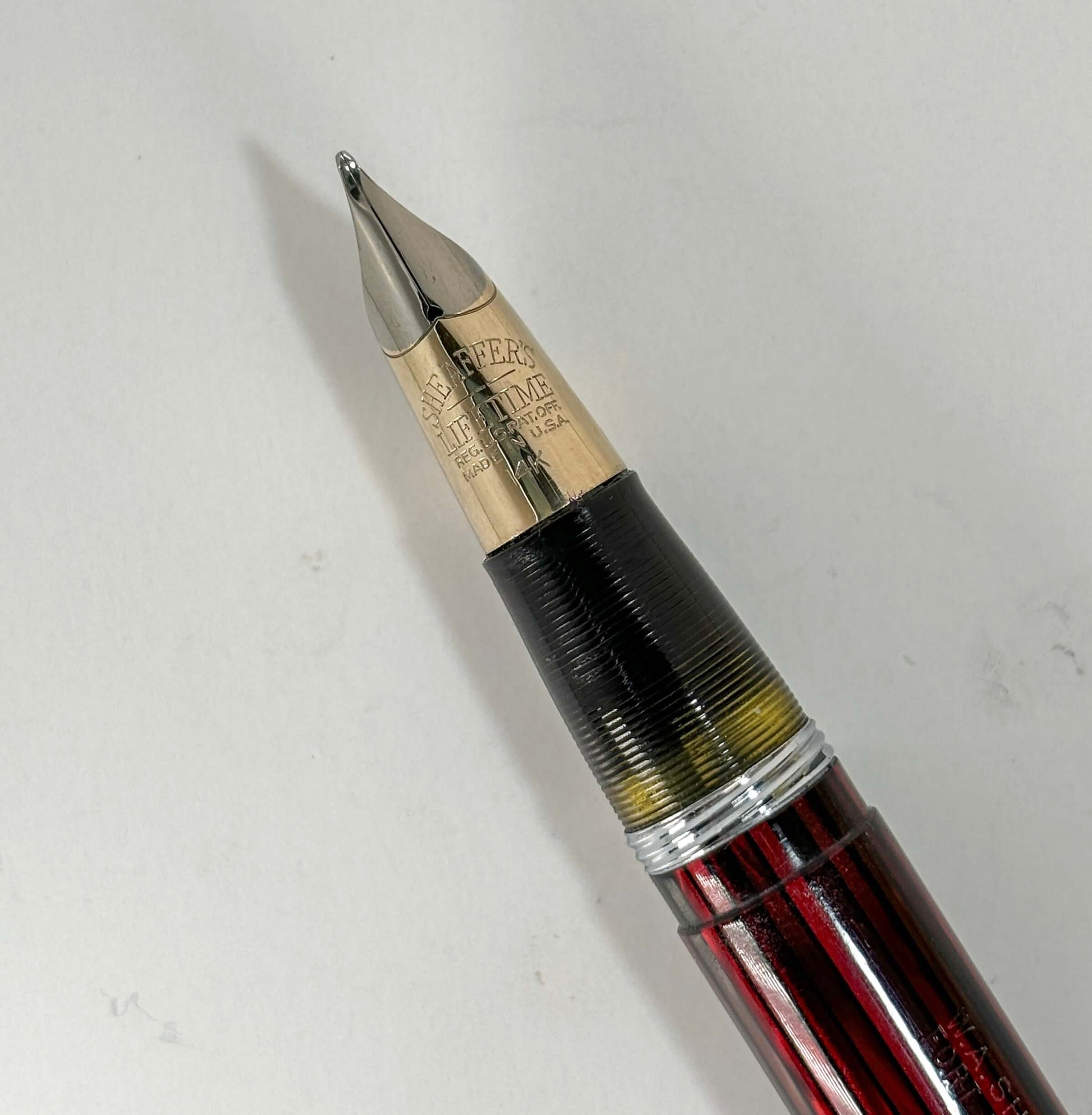 Sheaffer Triumph Lifetime Fountain Pen, Carmine Red with Large Gold-Filled Cap Band, Restored Vac-Fil, Two-tone 14K Medium Nib  Ozark Pen Shop   