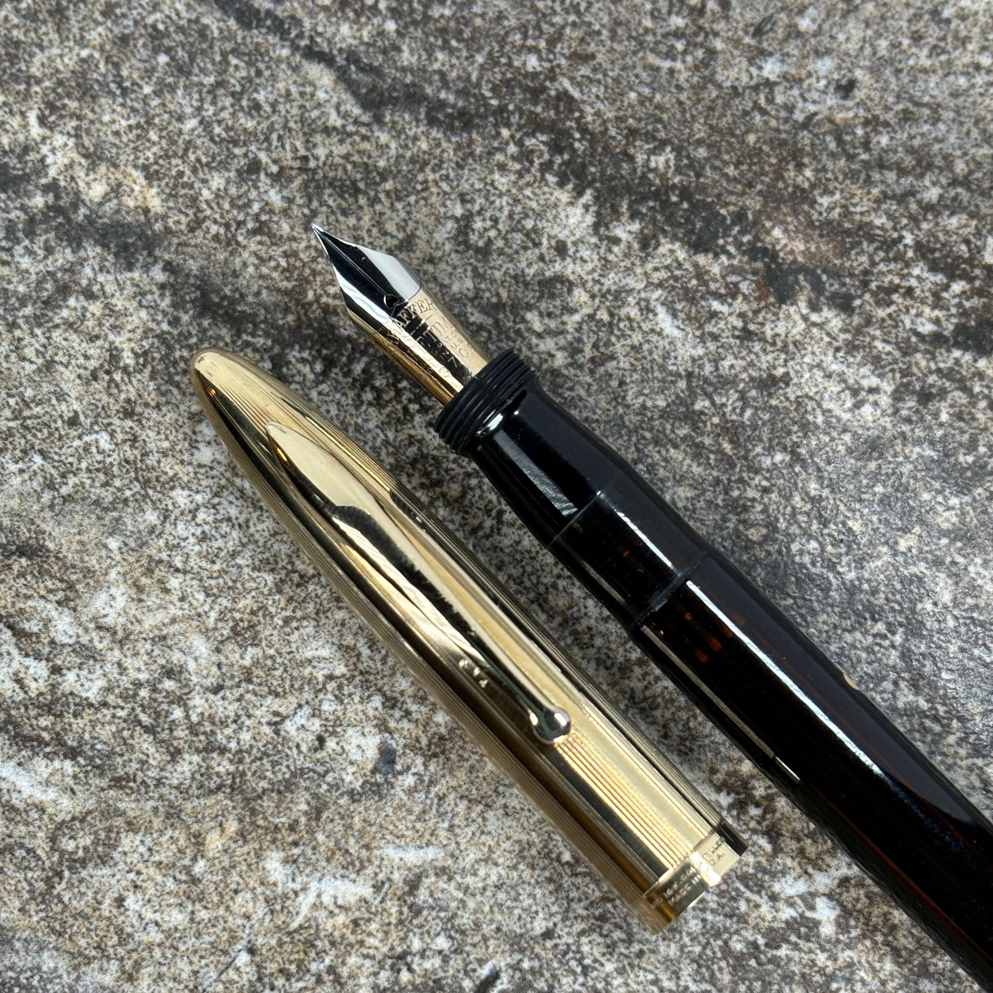 Sheaffer Crest, Restored Vac- Filler, Black with Gold Filled Cap, 14K Two-tone Nib  Ozark Pen Shop   