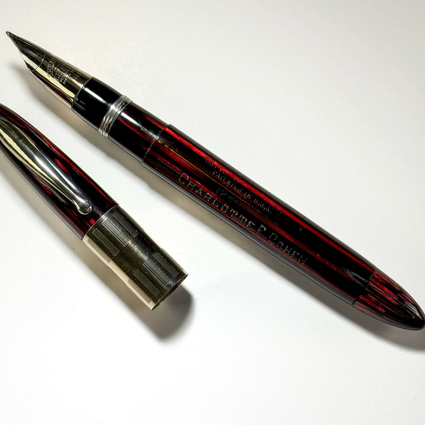 1940s Sheaffer Triumph Vacuum-fil, Extra-wide cap Band,Medium Two-tone Nib  Ozark Pen Shop   