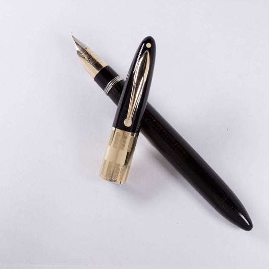 Sheaffer Triumph, Black, Vacuum-Fil Plunger Filler, Wide Cap Band. Medium 14K Two Tone Triumph Nib Vintage Vac-Fil Fountain Pen Ozark Pen Shop