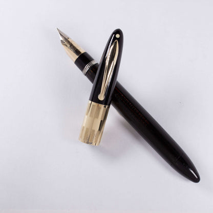 Sheaffer Triumph, Black, Vacuum-Fil Plunger Filler, Wide Cap Band. Medium 14K Two Tone Triumph Nib Vintage Vac-Fil Fountain Pen Ozark Pen Shop   