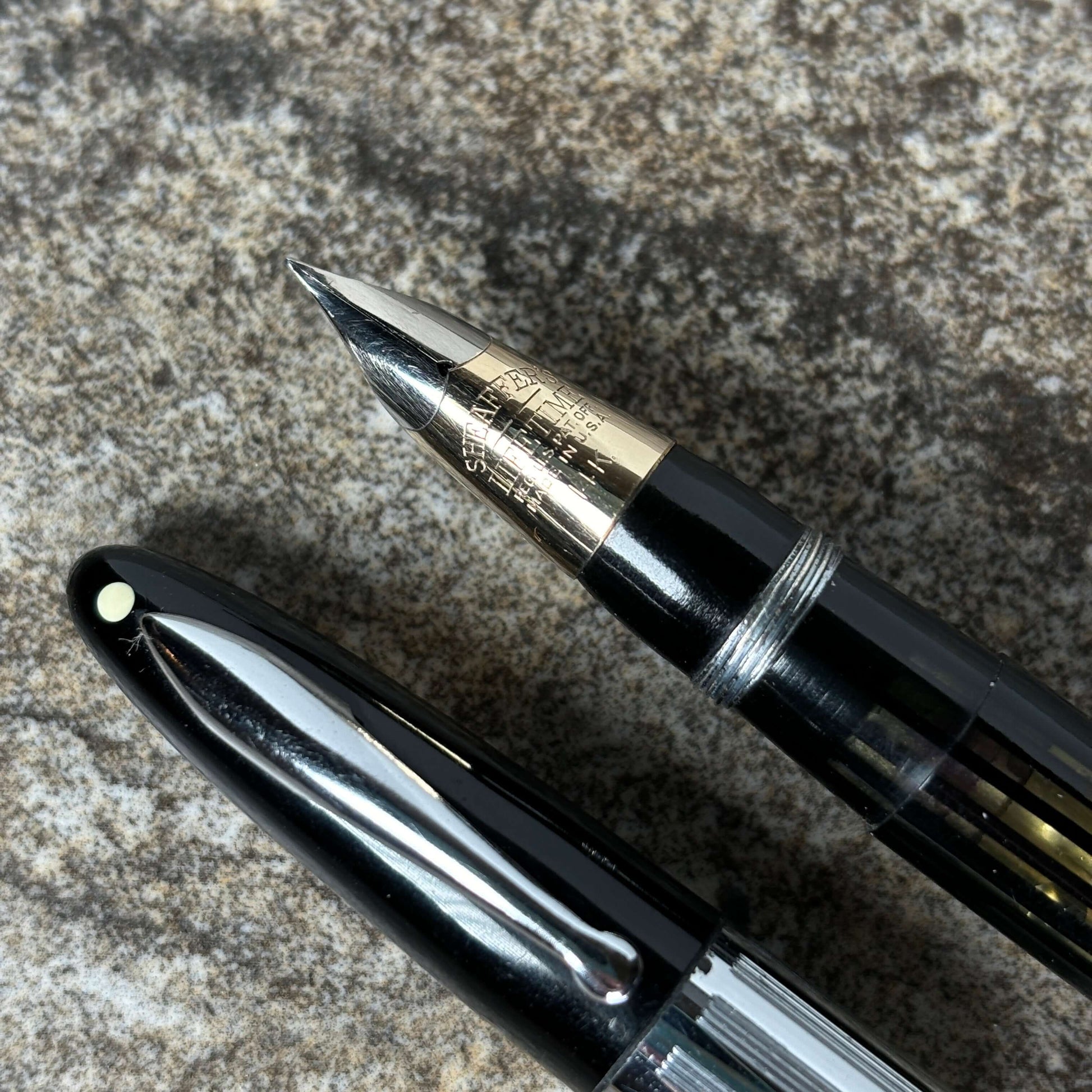 Sheaffer Triumph Vacuum-Fil Plunger Filler, "Reverse Trim" Extra Wide Cap Band, Uncommon black with Chrome Plated Trim, Fine 14K Two Tone Triumph Nib; Restored Vintage Vac-Fil Fountain Pen Ozark Pen Shop   