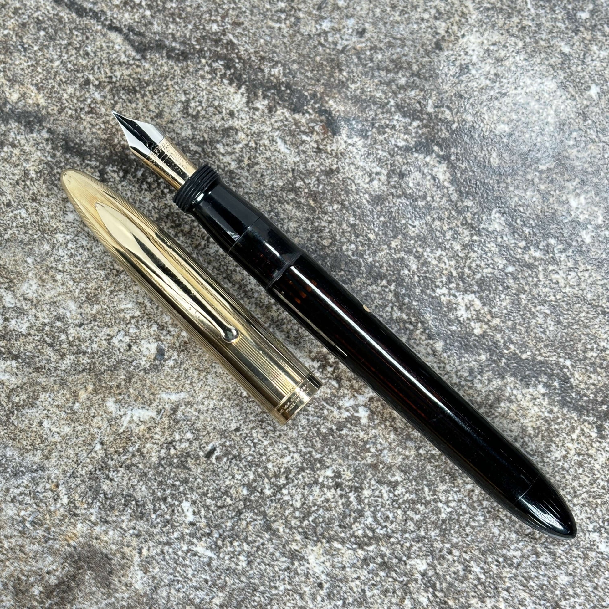 Sheaffer Crest, Restored Vac- Filler, Black with Gold Filled Cap, 14K Two-tone Nib  Ozark Pen Shop   