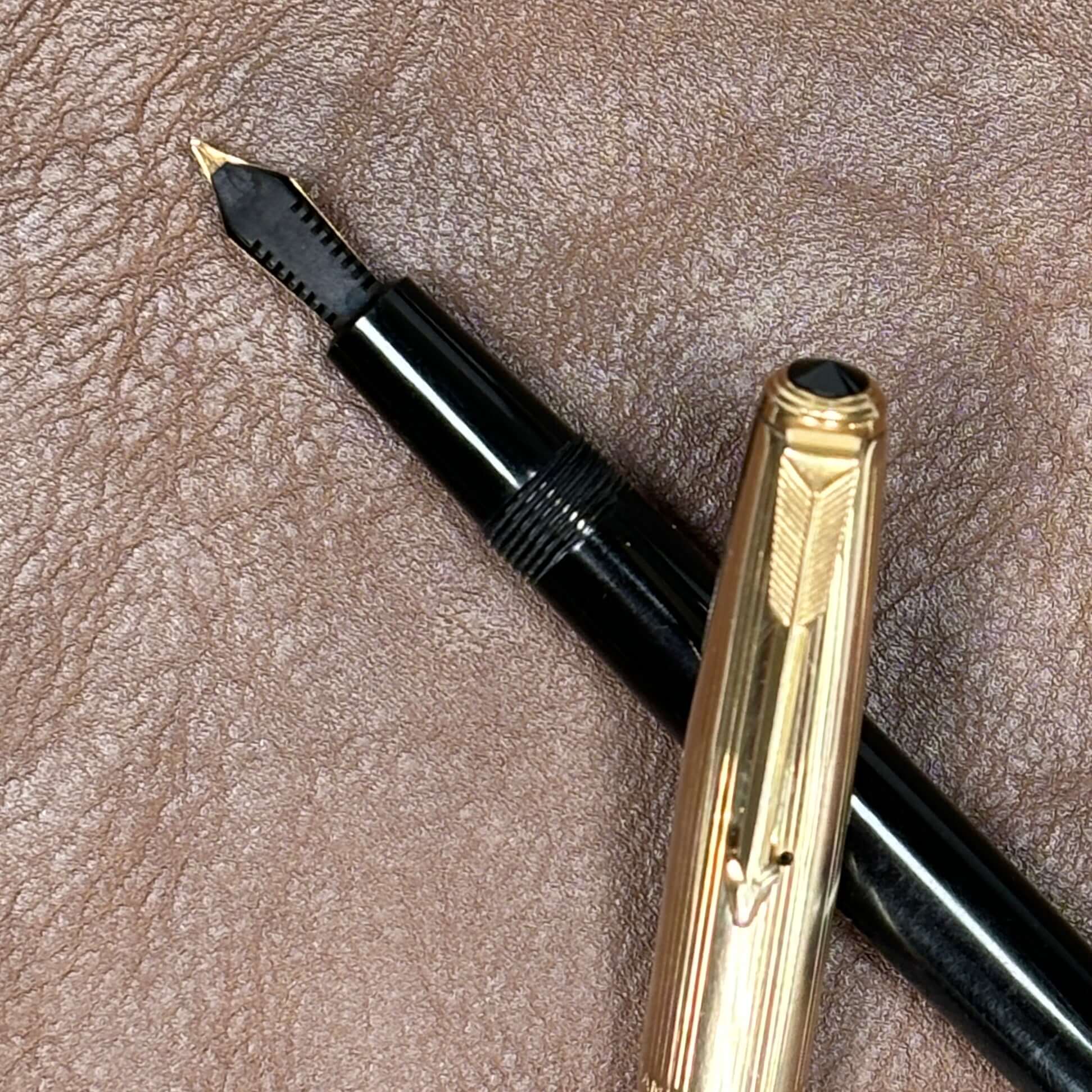 Parker La Plume "Double or Lamine" Fountain Pen Made in France, Black with Gold Filled Cap, Arrow Clip  Ozark Pen Shop   