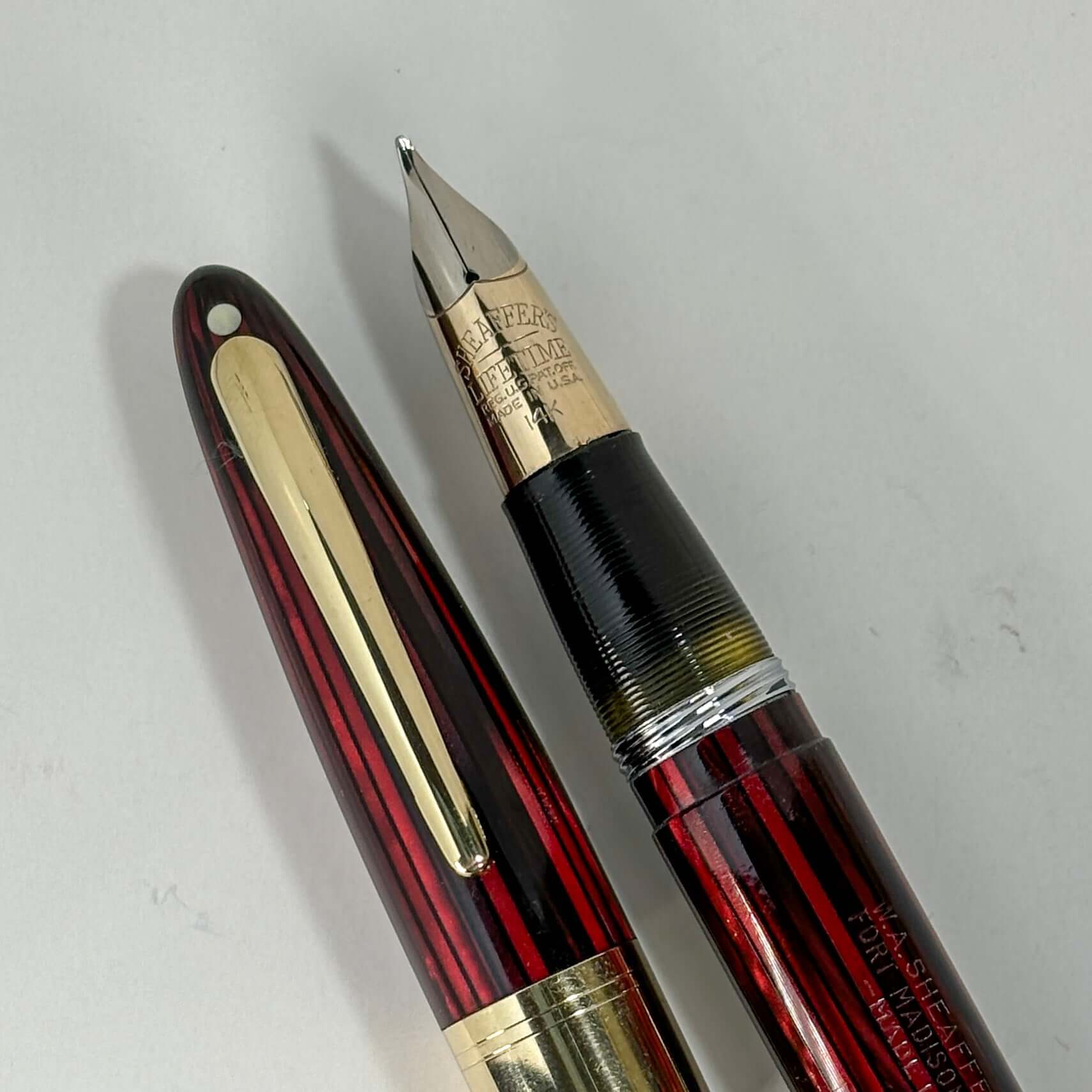 Sheaffer Triumph Lifetime Fountain Pen, Carmine Red with Large Gold-Filled Cap Band, Restored Vac-Fil, Two-tone 14K Medium Nib  Ozark Pen Shop   