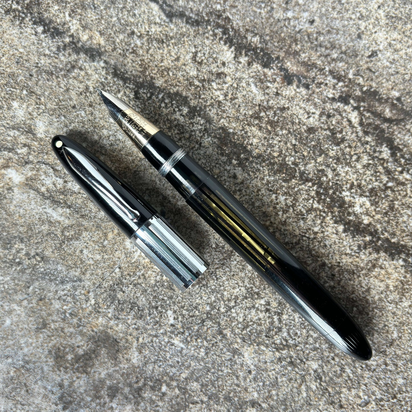 Sheaffer Triumph Vacuum-Fil Plunger Filler, "Reverse Trim" Extra Wide Cap Band, Uncommon black with Chrome Plated Trim, Fine 14K Two Tone Triumph Nib; Restored Vintage Vac-Fil Fountain Pen Ozark Pen Shop   