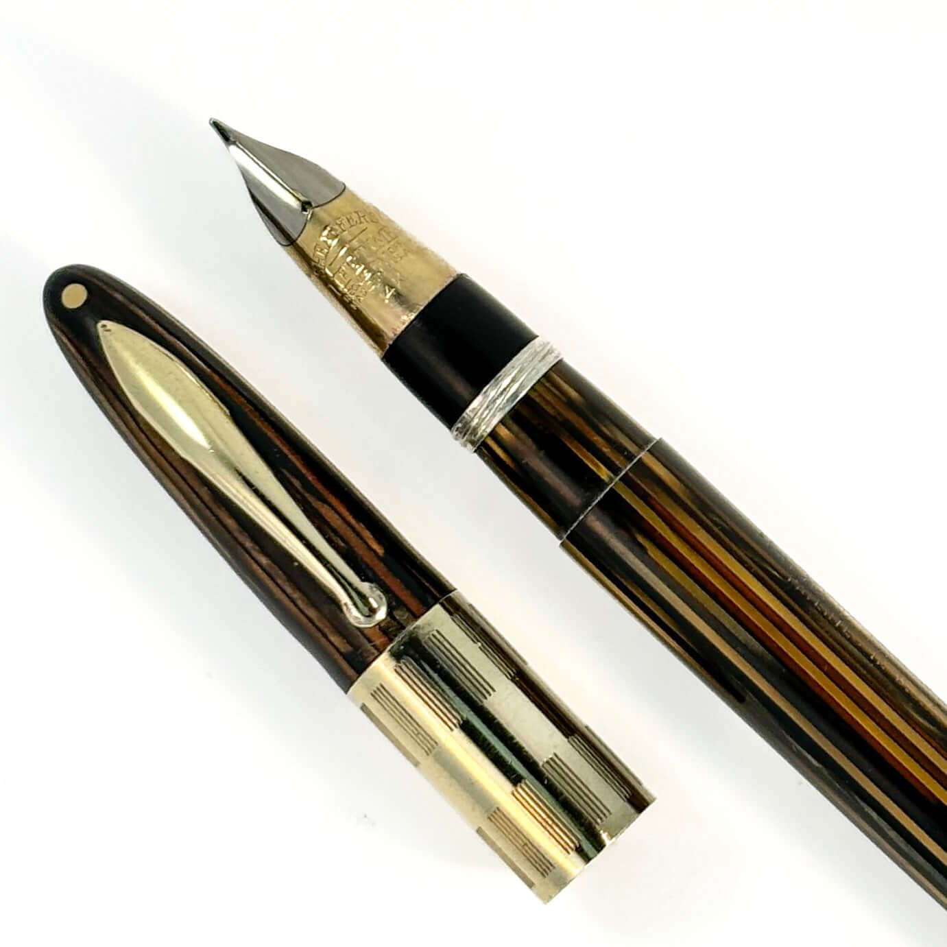 Sheaffer Triumph Vacuum-fil, Golden Brown, Extra-wide cap Band with gold filled trim. Fine Two-tone Nib  Ozark Pen Shop   