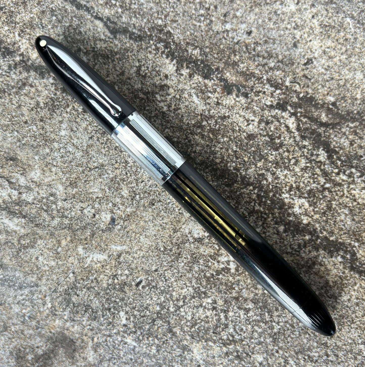 Sheaffer Triumph Vacuum-Fil Plunger Filler, "Reverse Trim" Extra Wide Cap Band, Uncommon black with Chrome Plated Trim, Fine 14K Two Tone Triumph Nib; Restored Vintage Vac-Fil Fountain Pen Ozark Pen Shop   