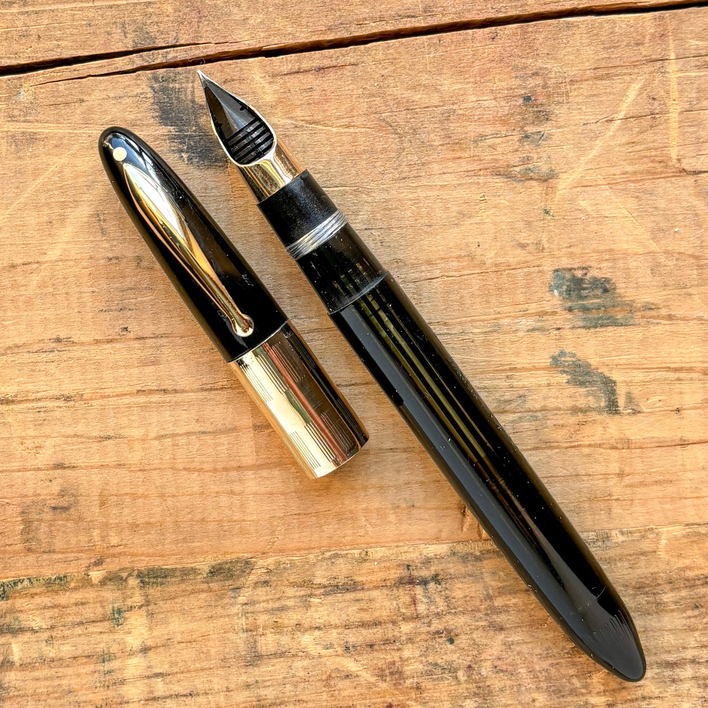 Sheaffer Triumph Vacu-Fil, Black with Gold Filled Trim, Extra-wide Cap Band