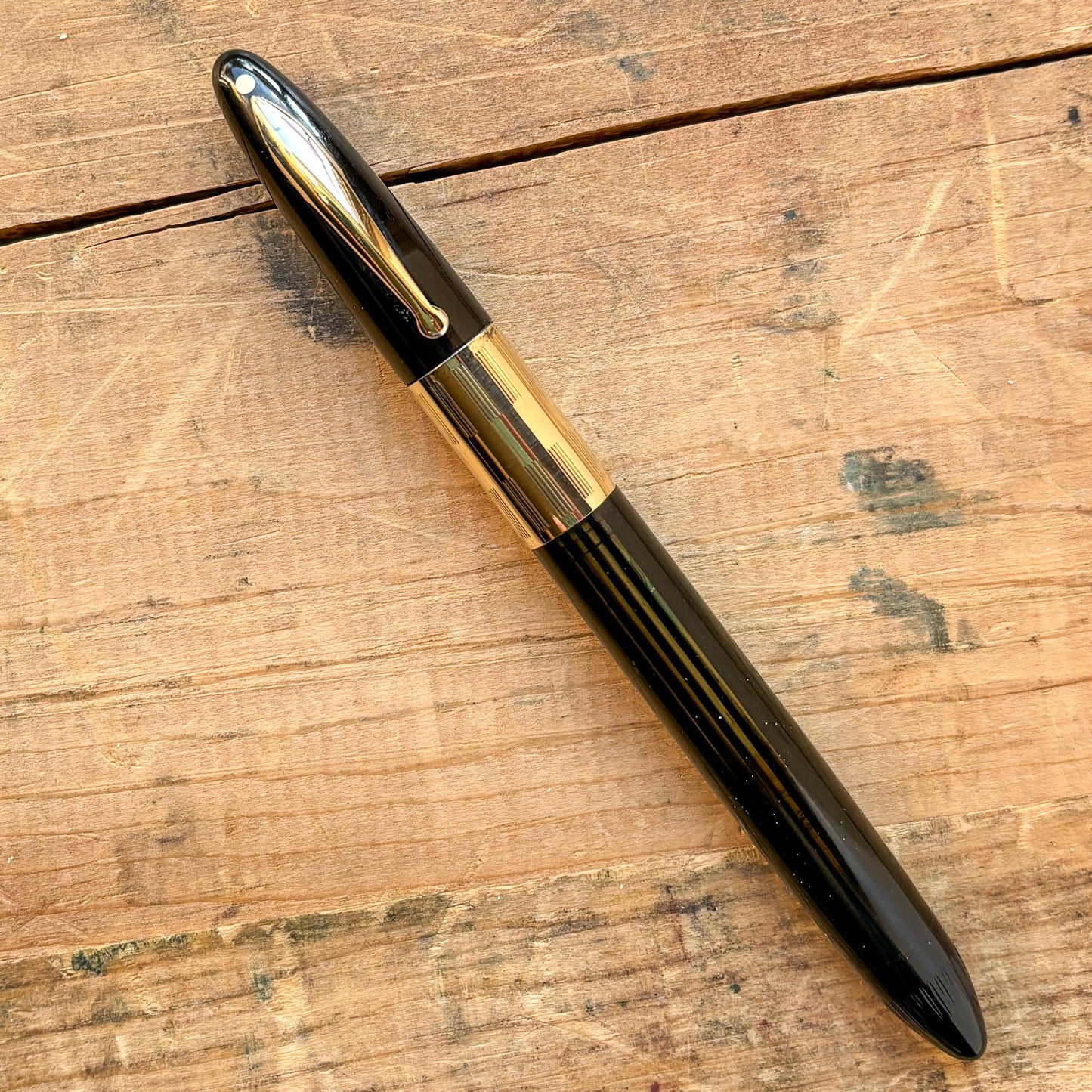 Sheaffer Triumph Vacu-Fil, Black with Gold Filled Trim, Extra-wide Cap Band