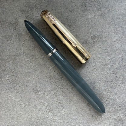 Parker 51 Demi Vacumatic, Dove Gray, Gold Filled Lined Cap, Fine 14K gold nib