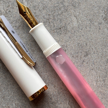Two fountain pens, one white with gold accents and the other pink with a gold clip, on a textured surface.