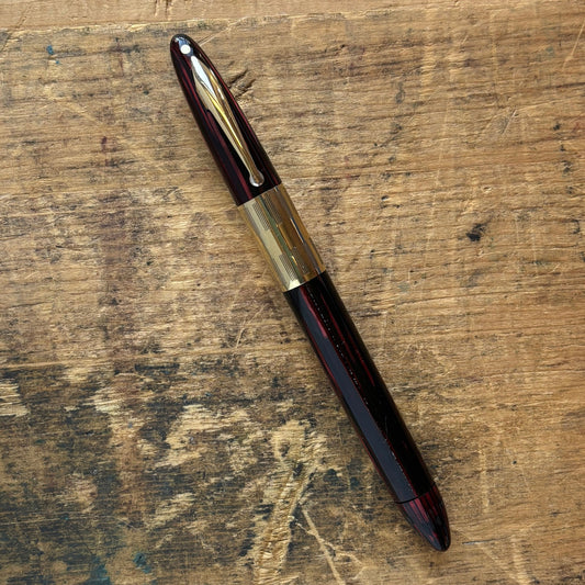 Carmine Red Sheaffer Triumph Vac-fil, Extra-wide Band, Two-tone Fine nib